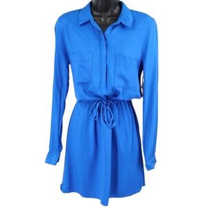 JustFab Blue Shirt Dress Tie Waist Roll Tab Sleeves Long Sleeve Mini XS NWT